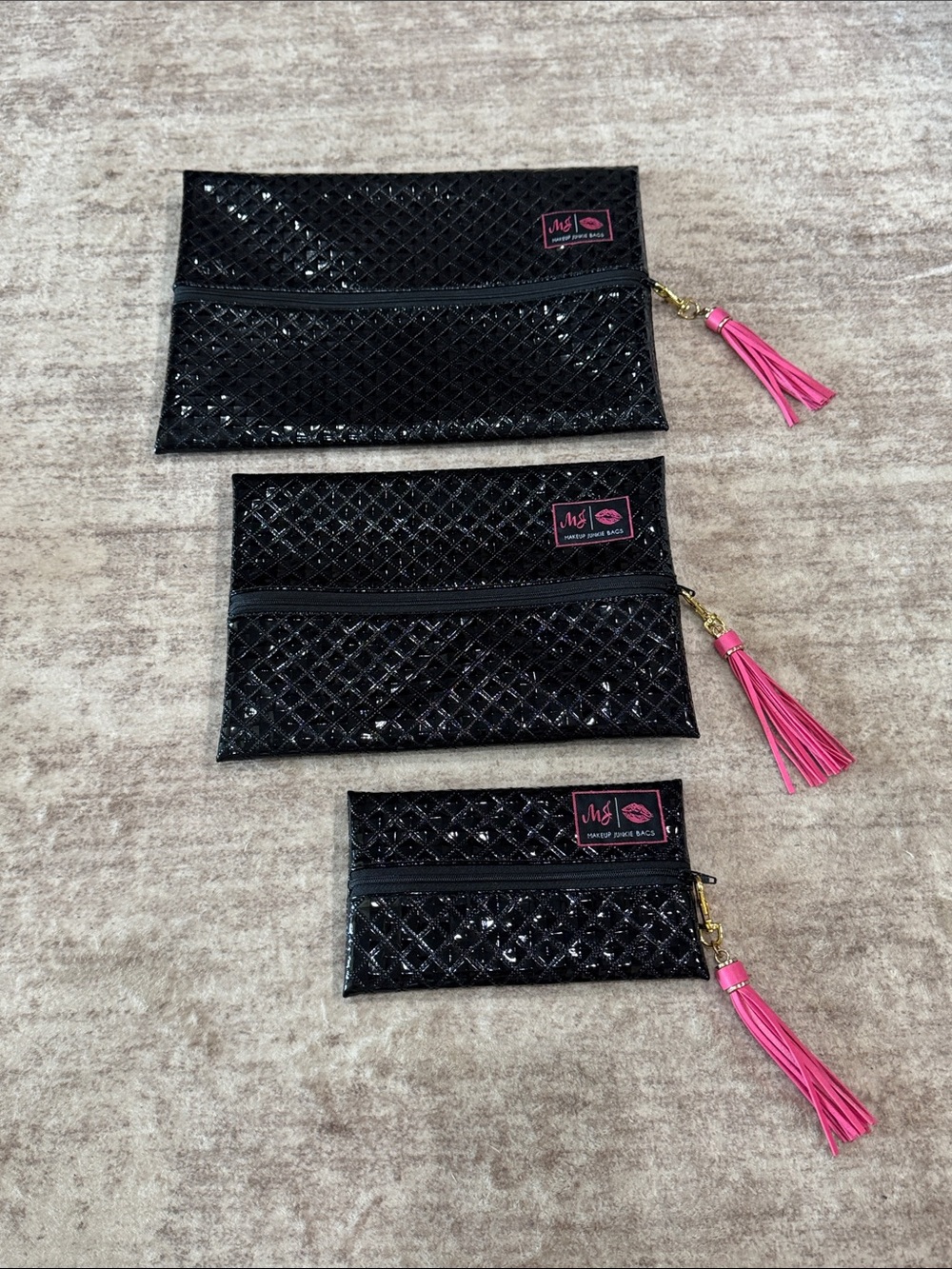 Black Quilted Key & Card Holder Set with Pink Tassels